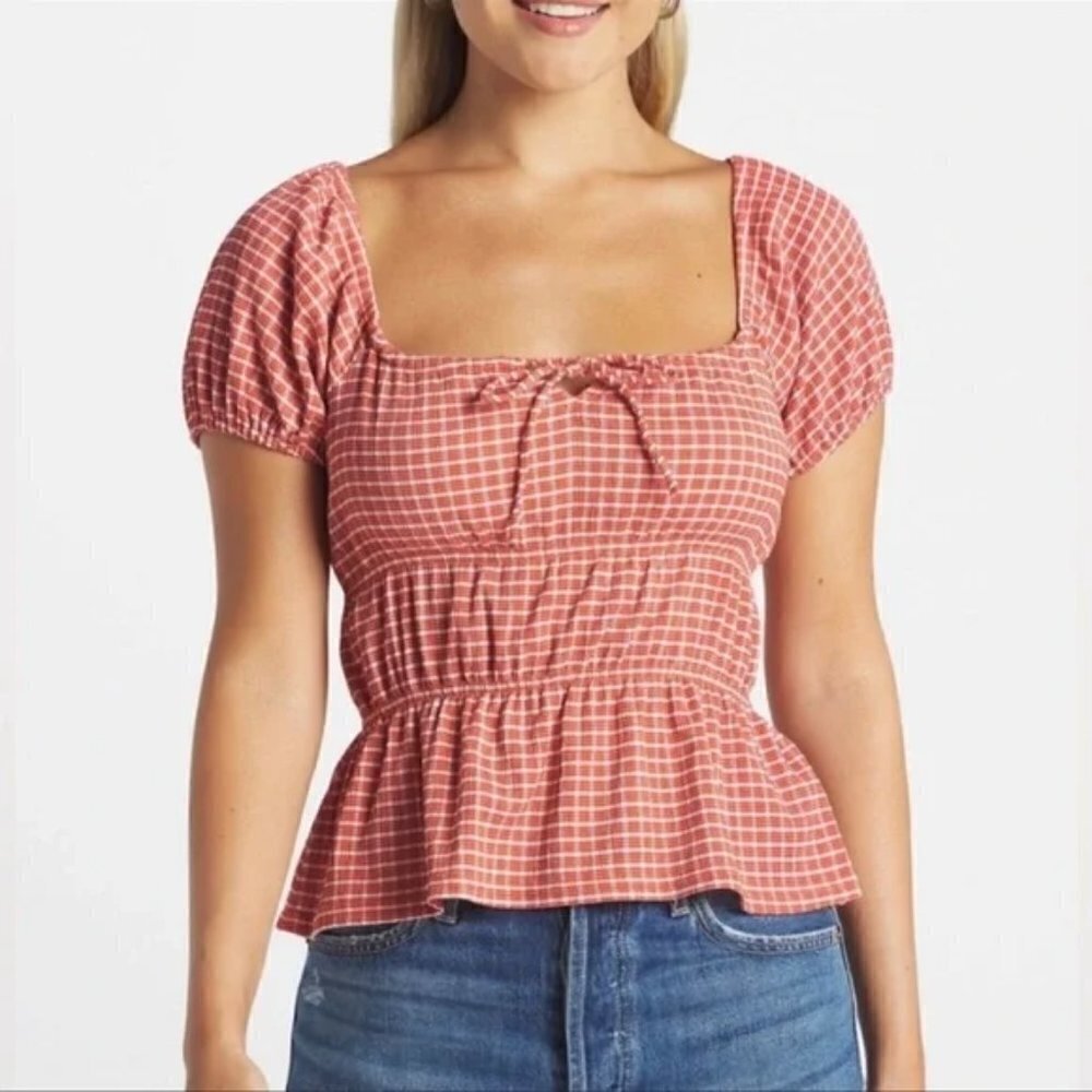 Madewell Omaha Tiered Top Women's Size S Orange Gingham Square Neck